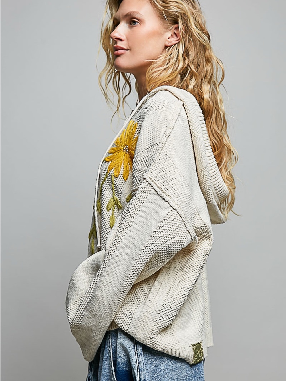 POL Cream Sunflower Embroidered Oversized Knit Boho Hoodie - Picture 5 of 8